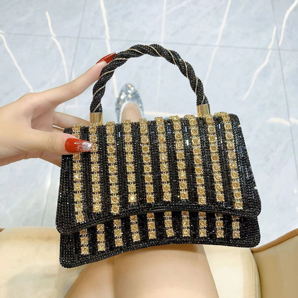Multicolor Crystal Top-Handle Evening Bag