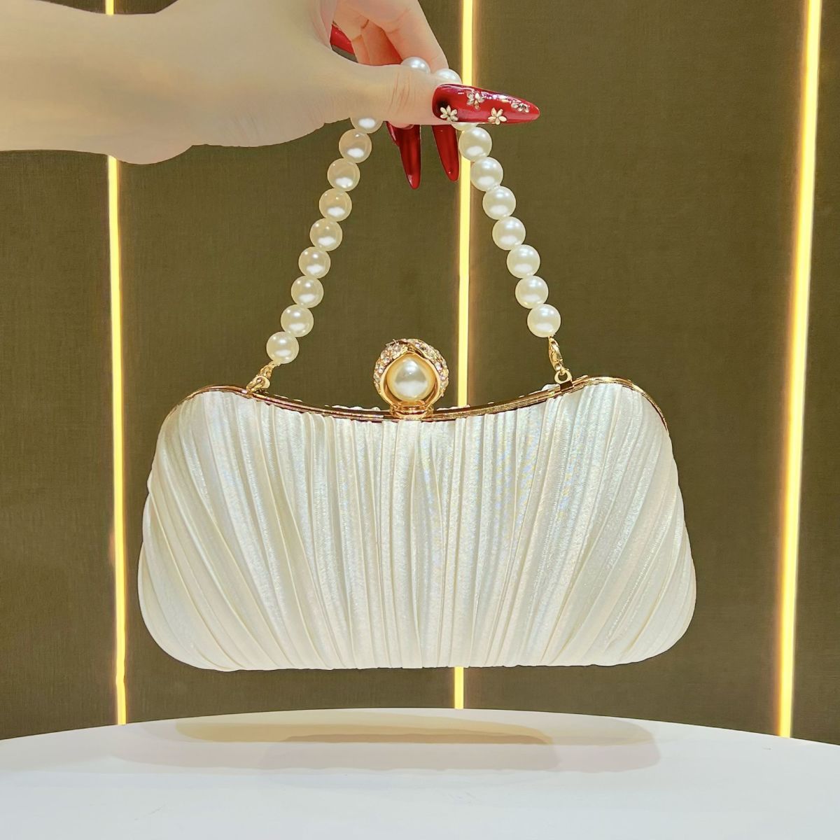 Pleated Satin Teardrop-Accent Evening Bag