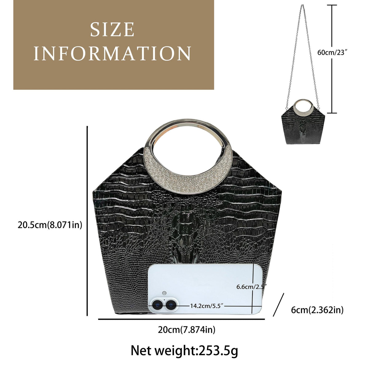 Croc-Embossed Ring-Handle Evening Bag