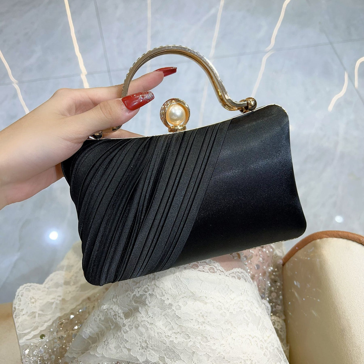 Pleated Pearl-Clasp Evening Handbag