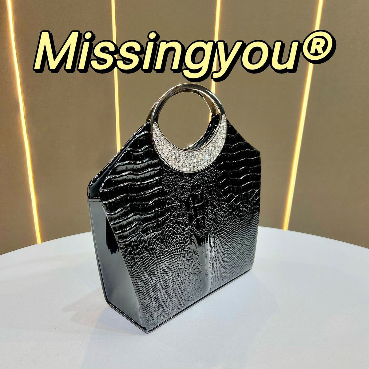 Croc-Embossed Ring-Handle Evening Bag