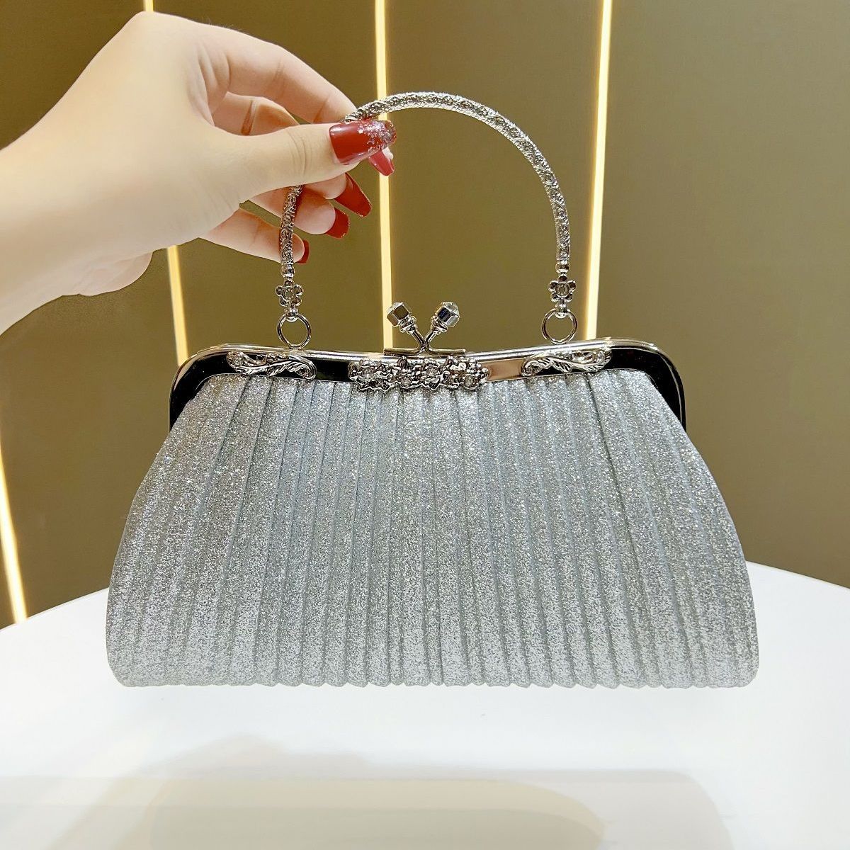 Mini Pleated Rhinestone Top-Handle Bag