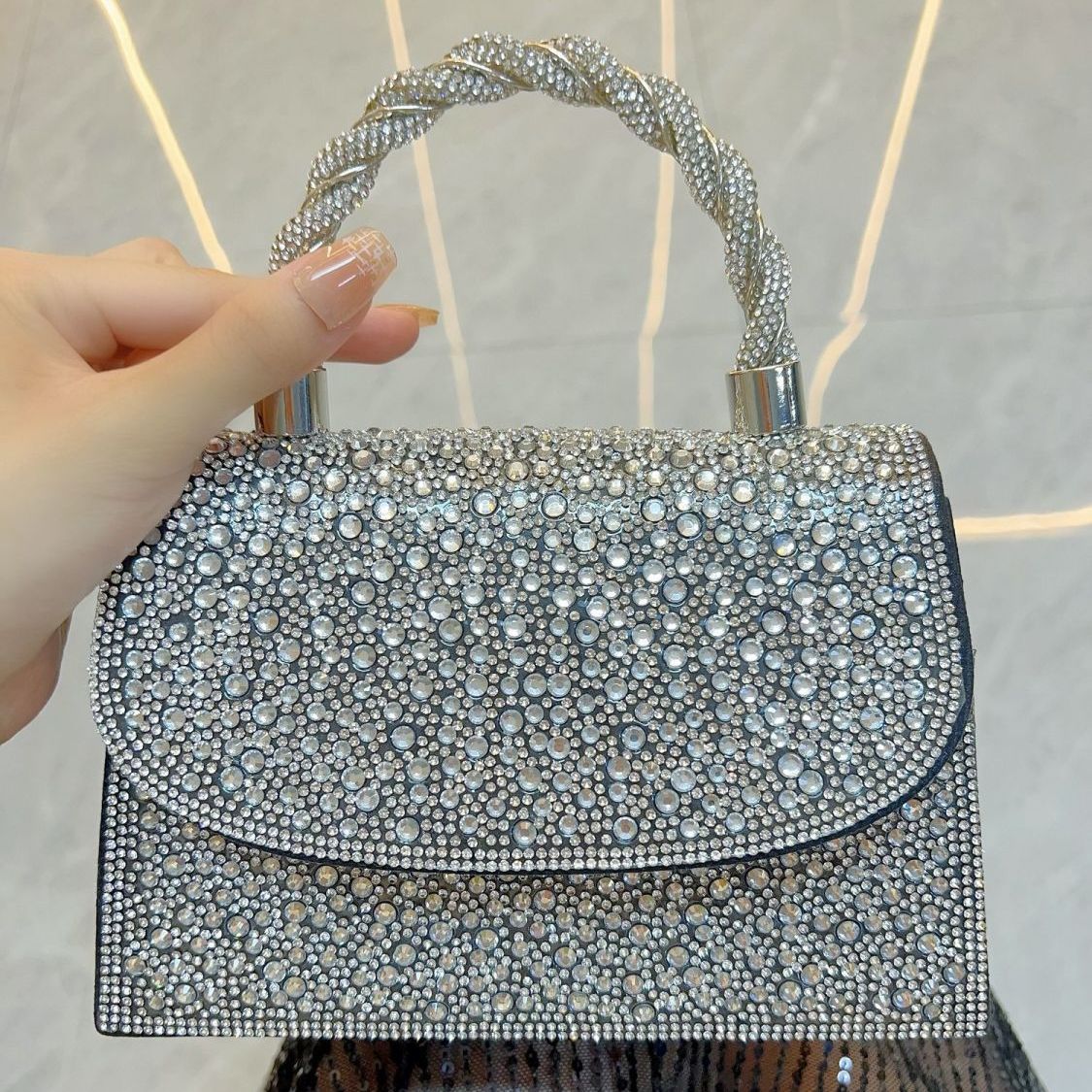 Rhinestone Flap Top-Handle Evening Bag