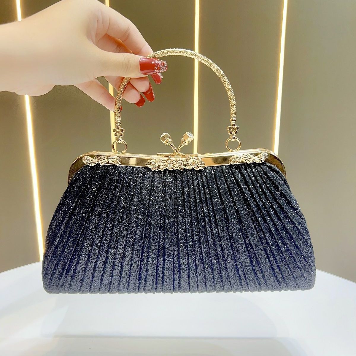 Mini Pleated Rhinestone Top-Handle Bag