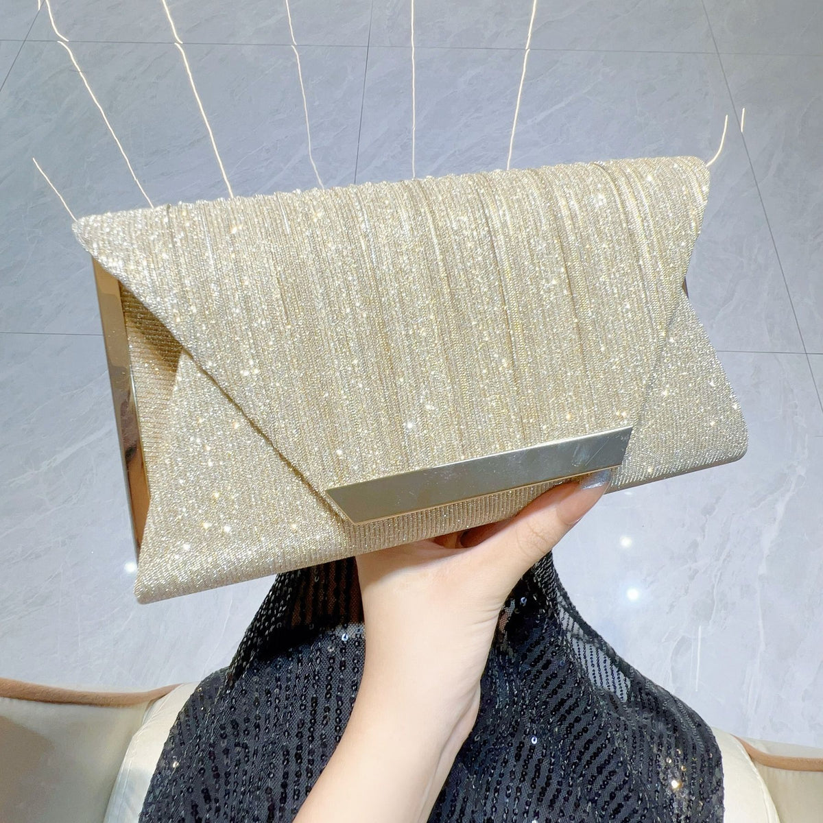 Pleated Glitter Bar-Accent Clutch