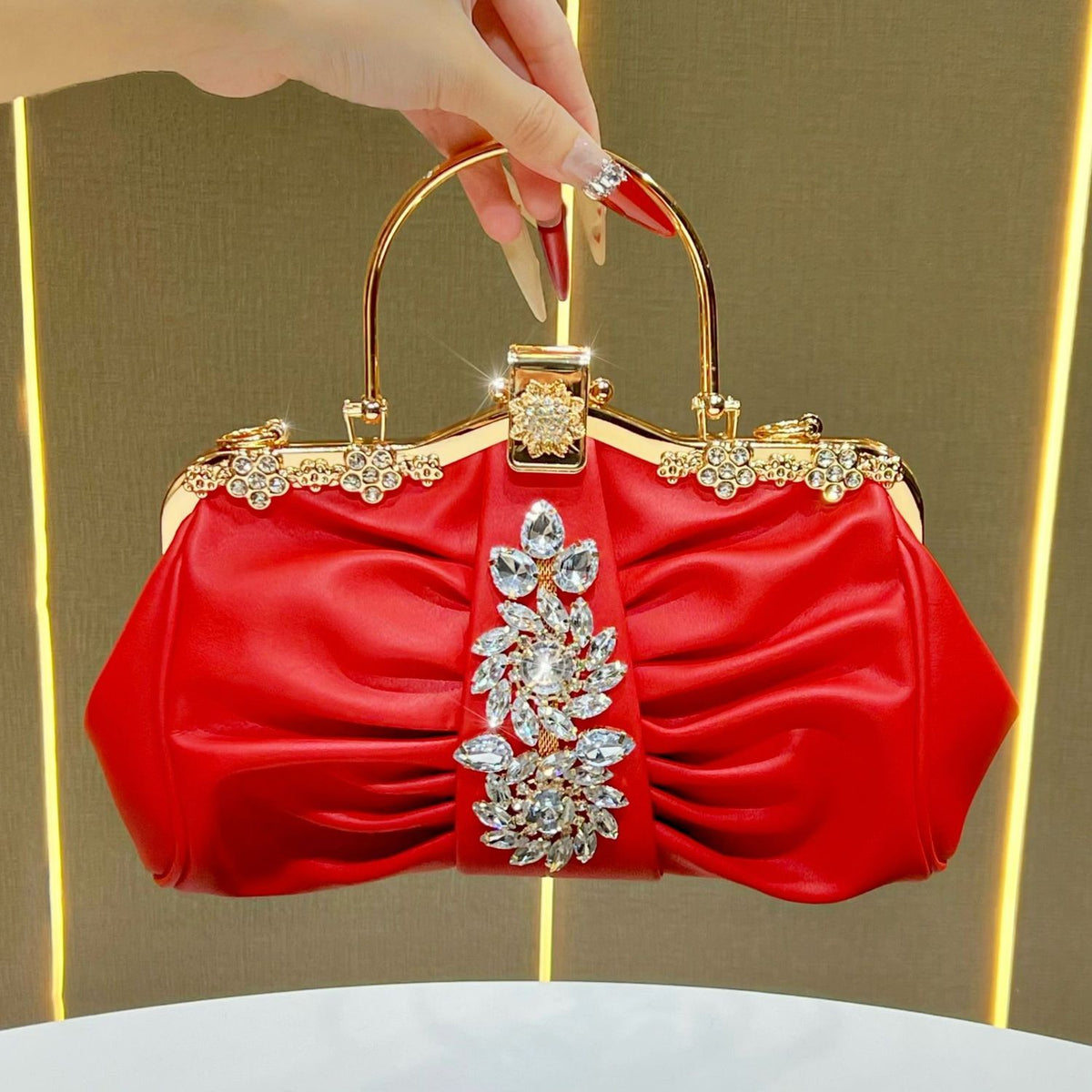 Ruched Crystal-Accent Evening Handbag