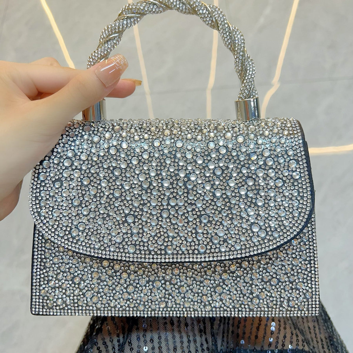 Rhinestone Flap Top-Handle Evening Bag