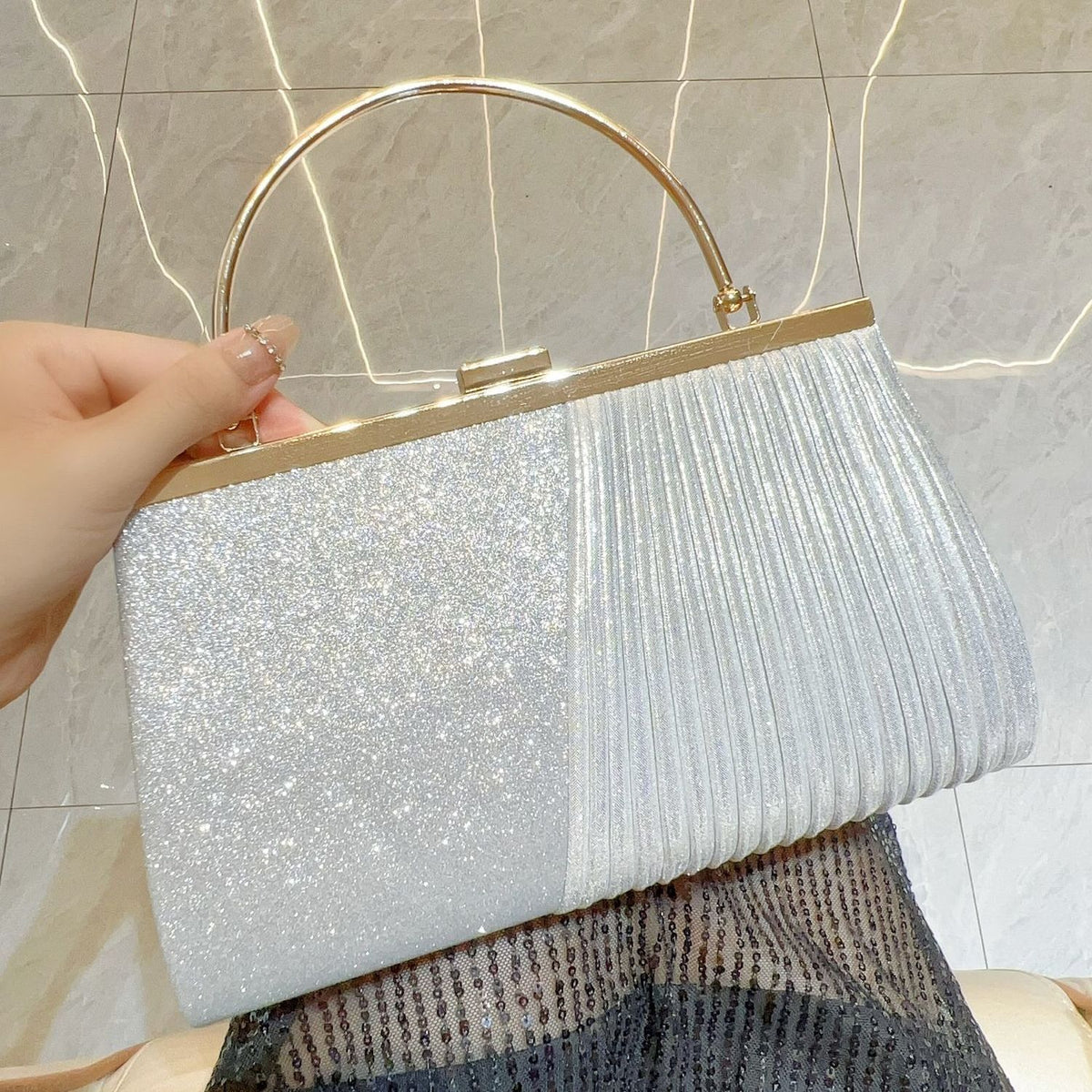 Pleated Metal-Handle Evening Bag