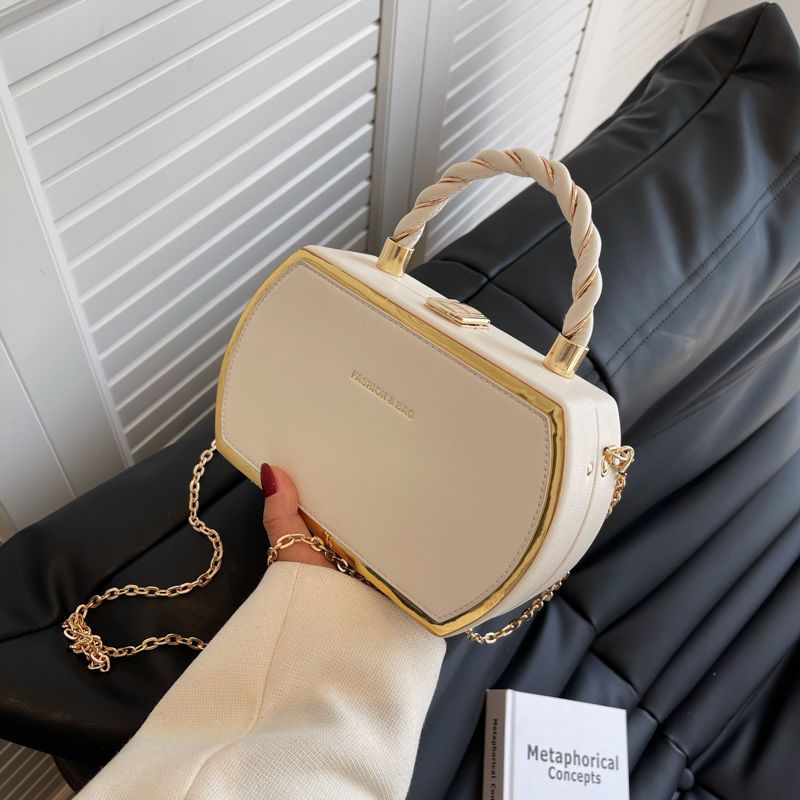 French-Style Structured Box Chain Crossbody Bag
