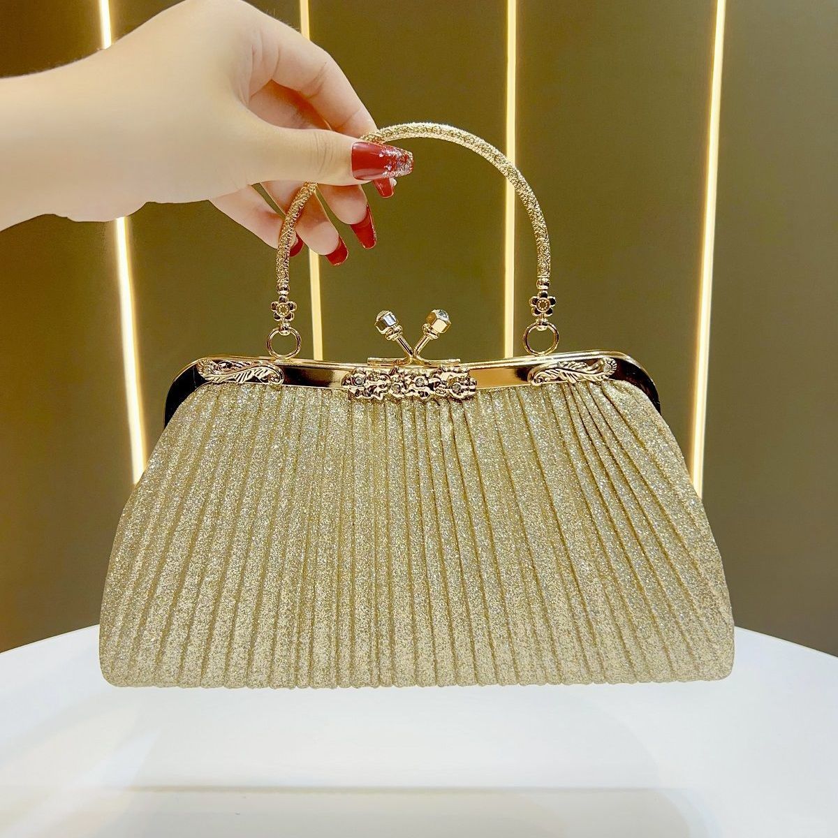 Mini Pleated Rhinestone Top-Handle Bag