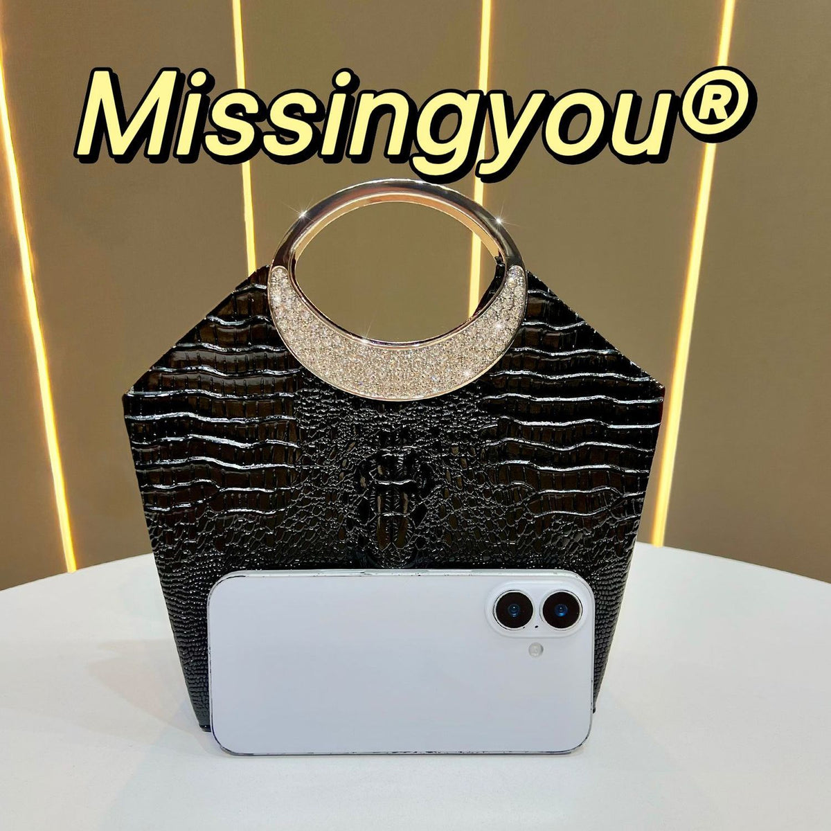Croc-Embossed Ring-Handle Evening Bag