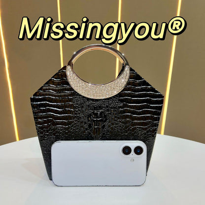 Croc-Embossed Ring-Handle Evening Bag