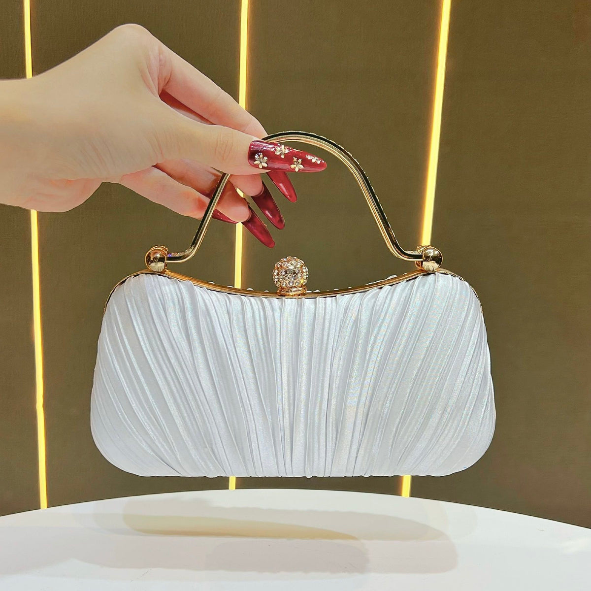 Pleated Satin Teardrop-Accent Evening Bag