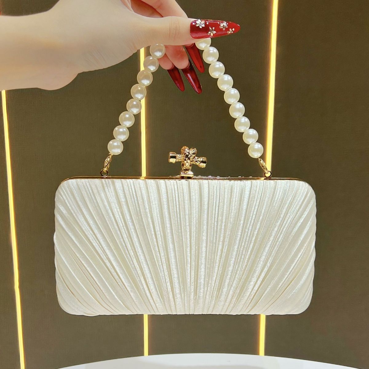 Pleated Satin Teardrop-Accent Evening Bag