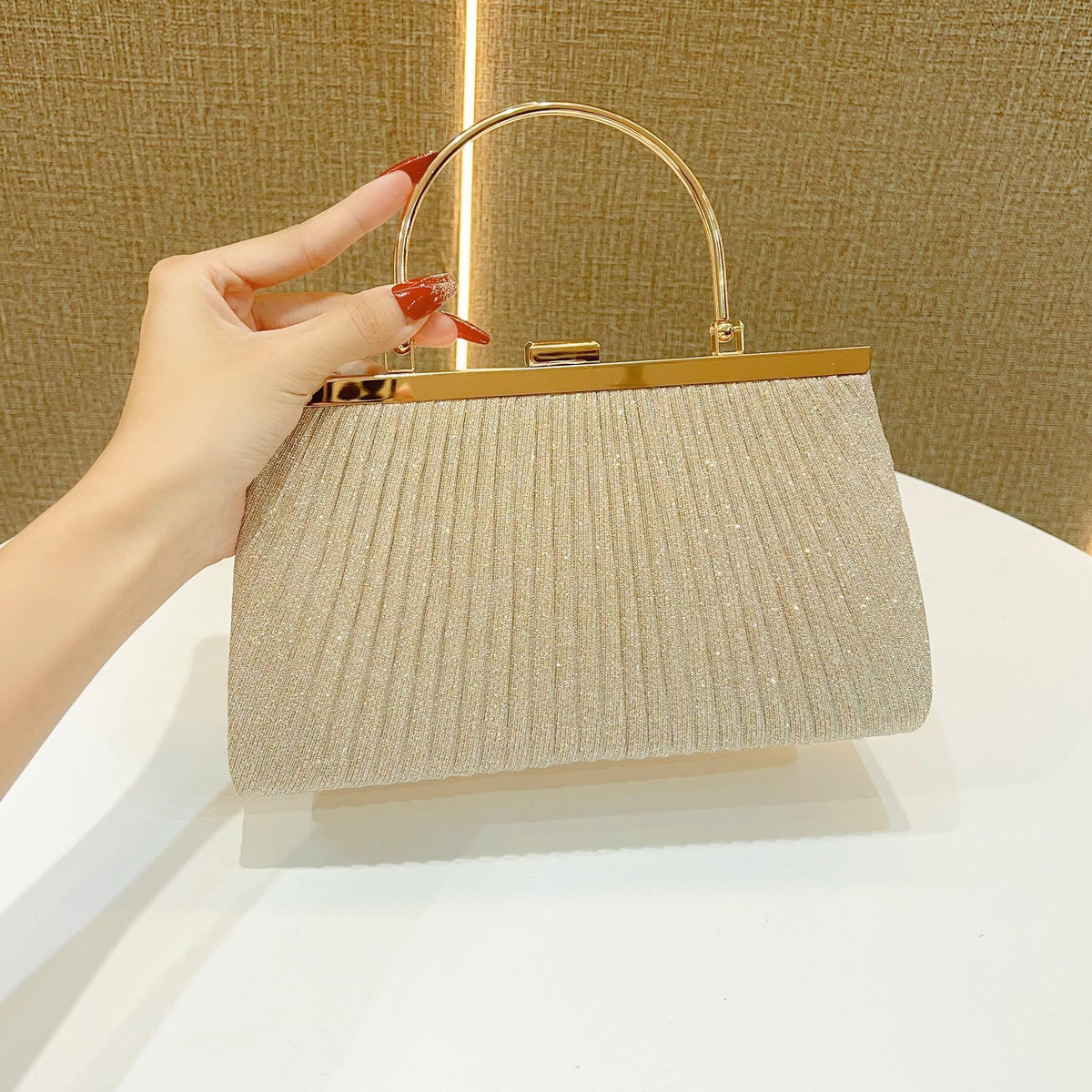 Pleated Half-Moon Handle Evening Bag