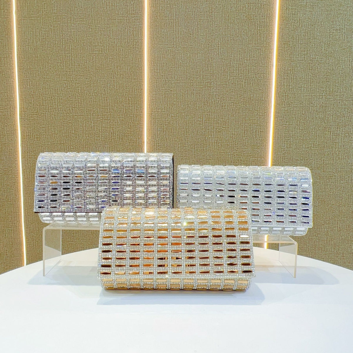 Grid-Pattern Rhinestone Evening Clutch