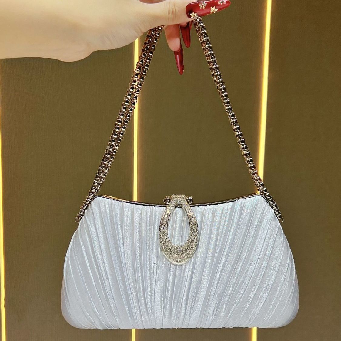 Pleated Satin Teardrop-Accent Evening Bag