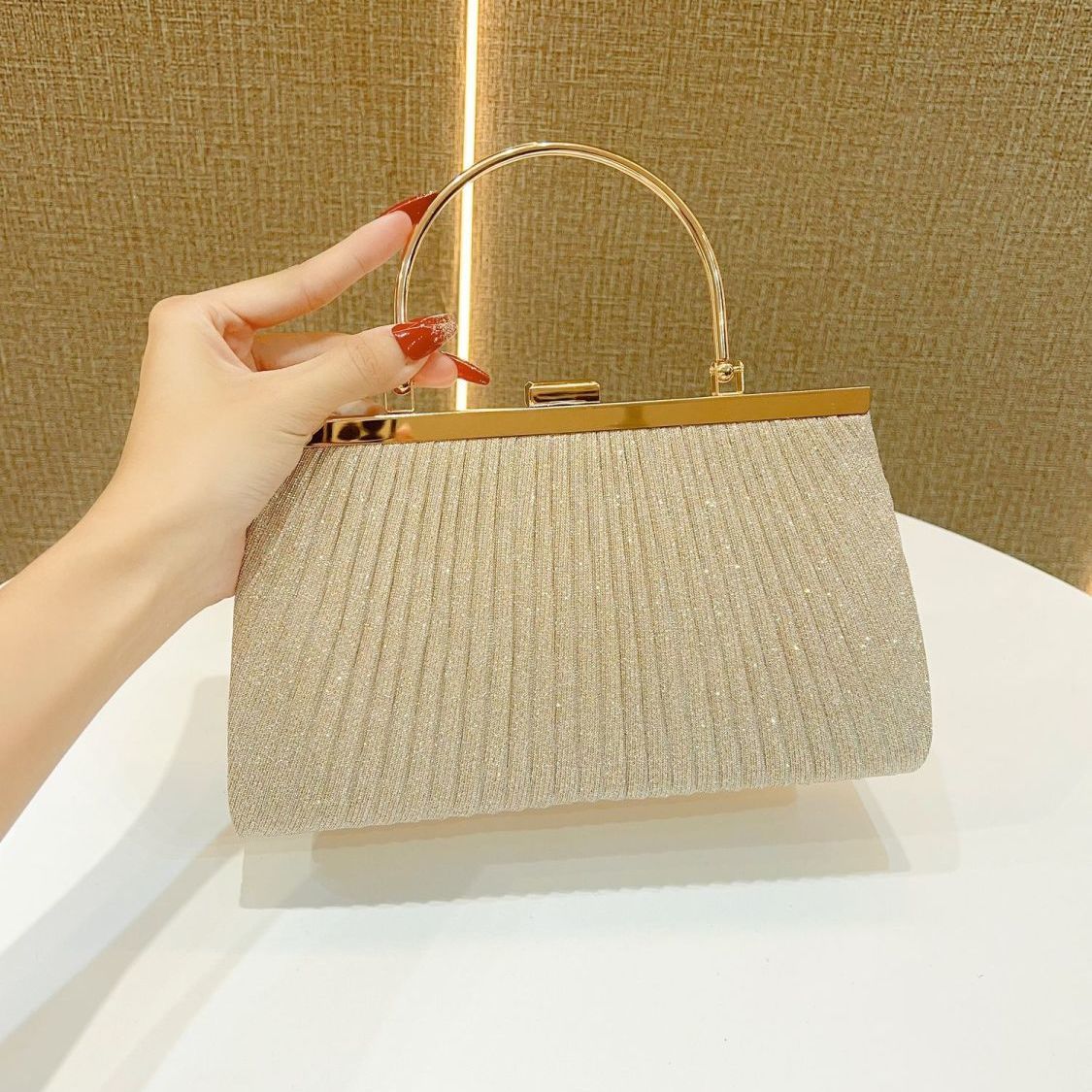 Pleated Half-Moon Handle Evening Bag