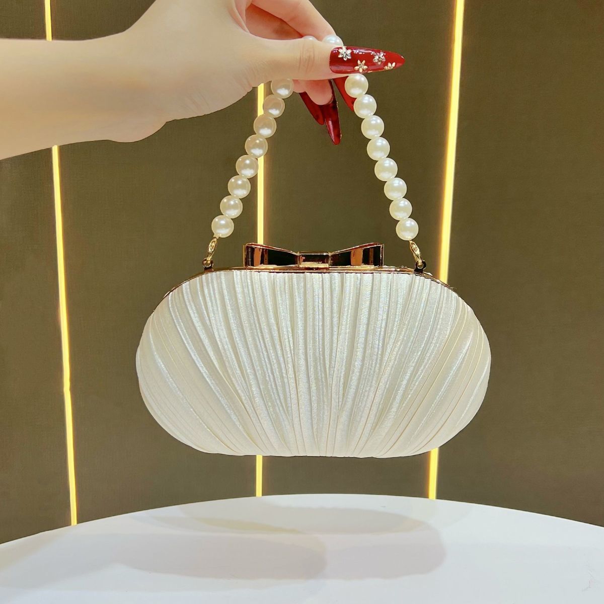 Pleated Satin Teardrop-Accent Evening Bag
