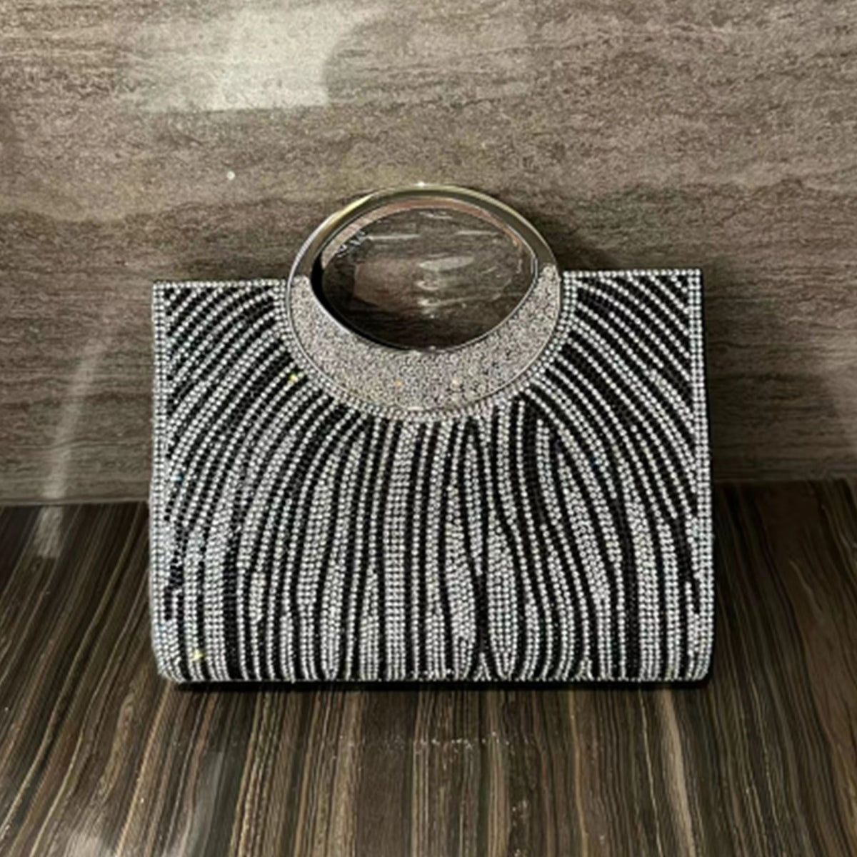 Wavy Rhinestone Ring-Handle Handbag