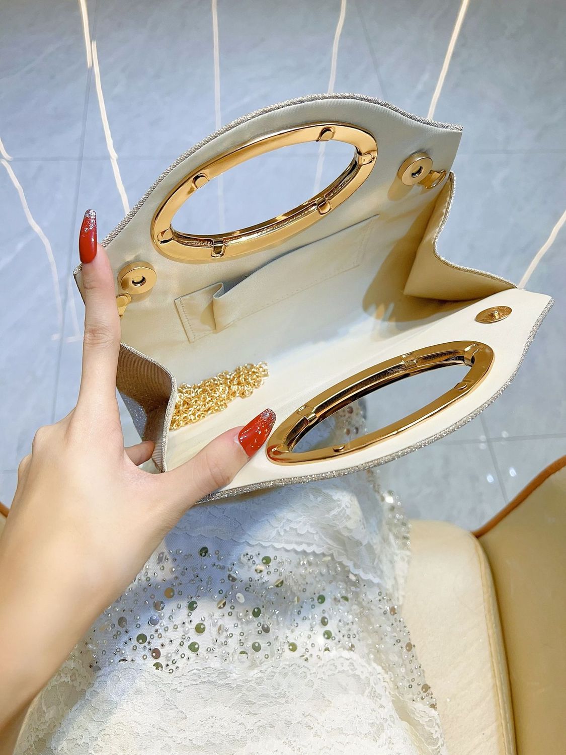Pleated Oval-Handle Evening Bag