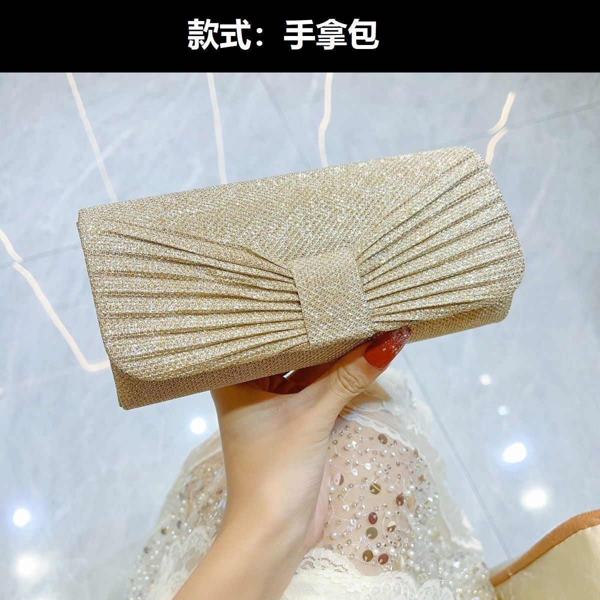 Wavy Rhinestone Crown-Clasp Evening Bag