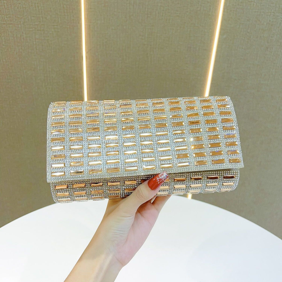 Grid-Pattern Rhinestone Evening Clutch