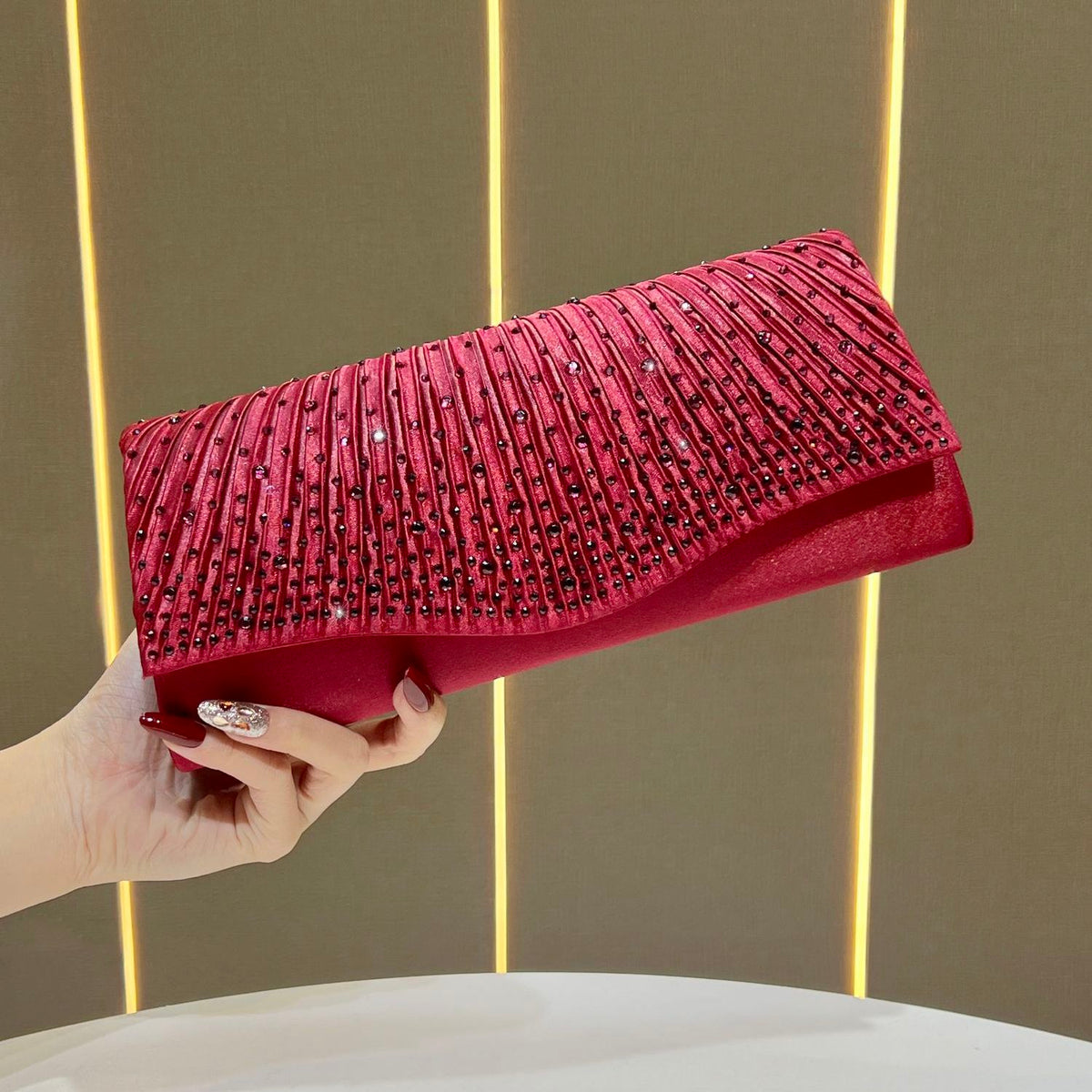 Pleated Glitter Evening Envelope Clutch
