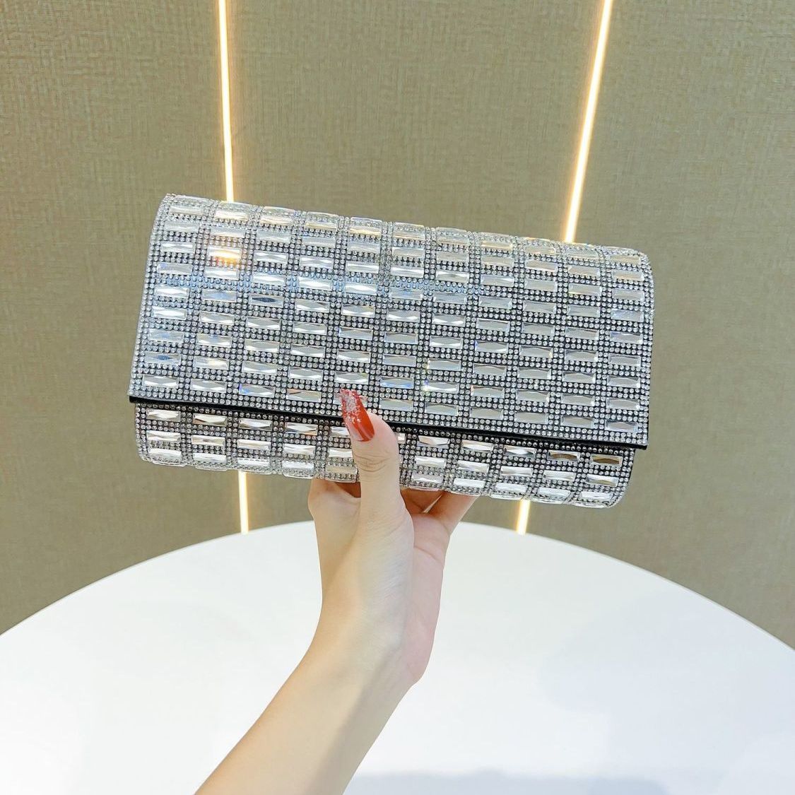 Grid-Pattern Rhinestone Box Clutch