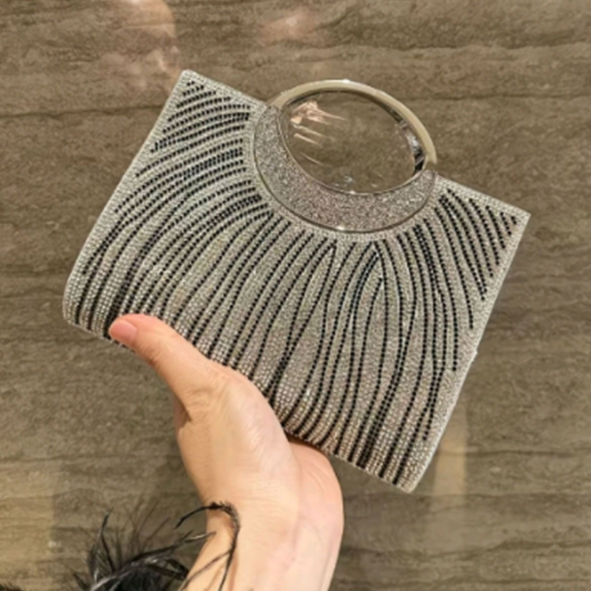 Wavy Rhinestone Ring-Handle Handbag