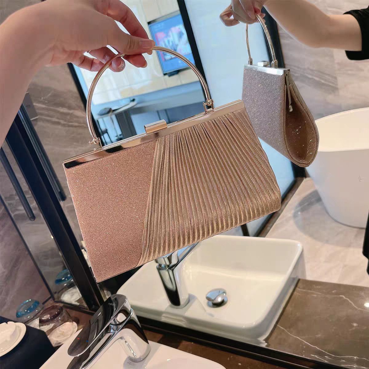 Pleated Metal-Handle Evening Bag