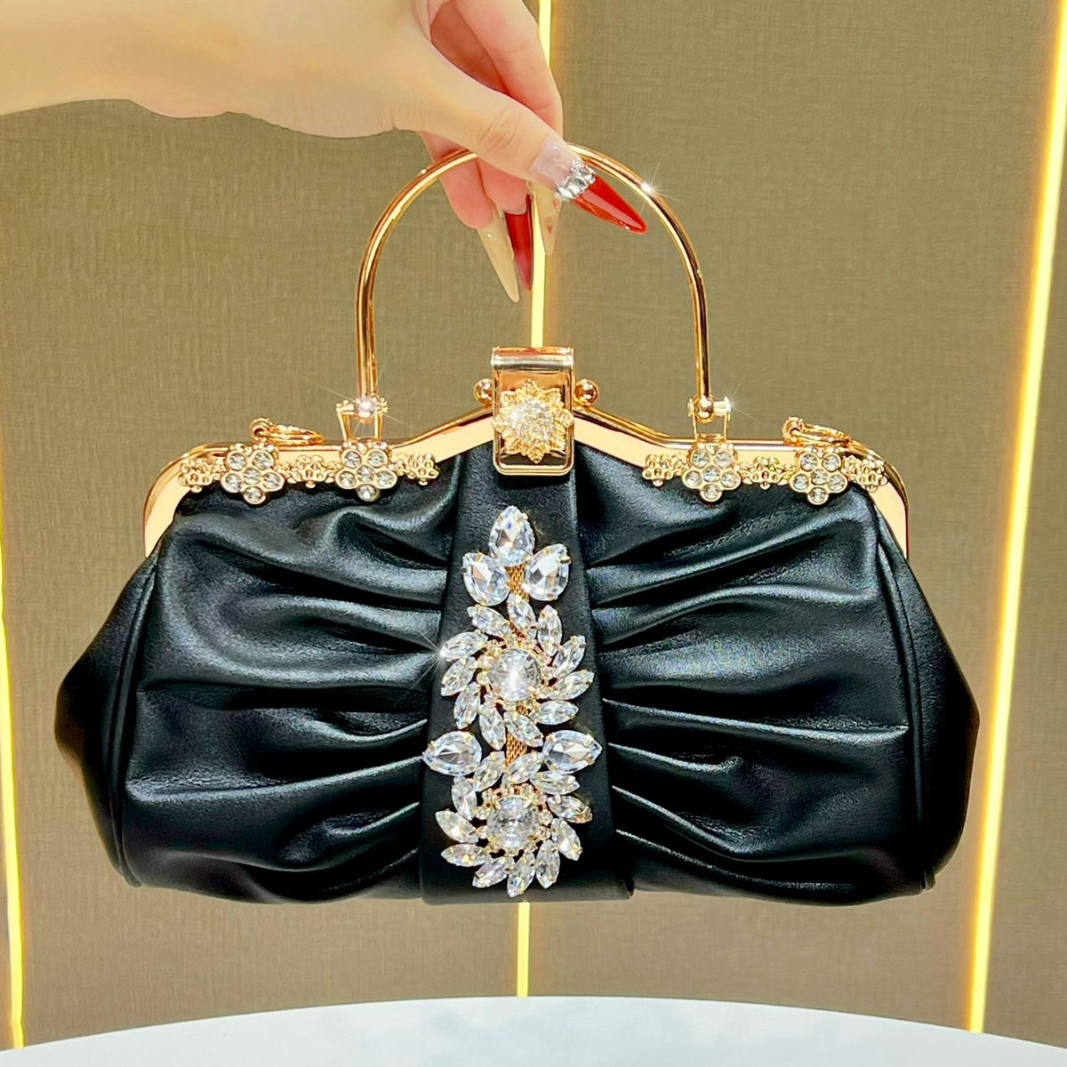 Ruched Crystal-Accent Evening Handbag