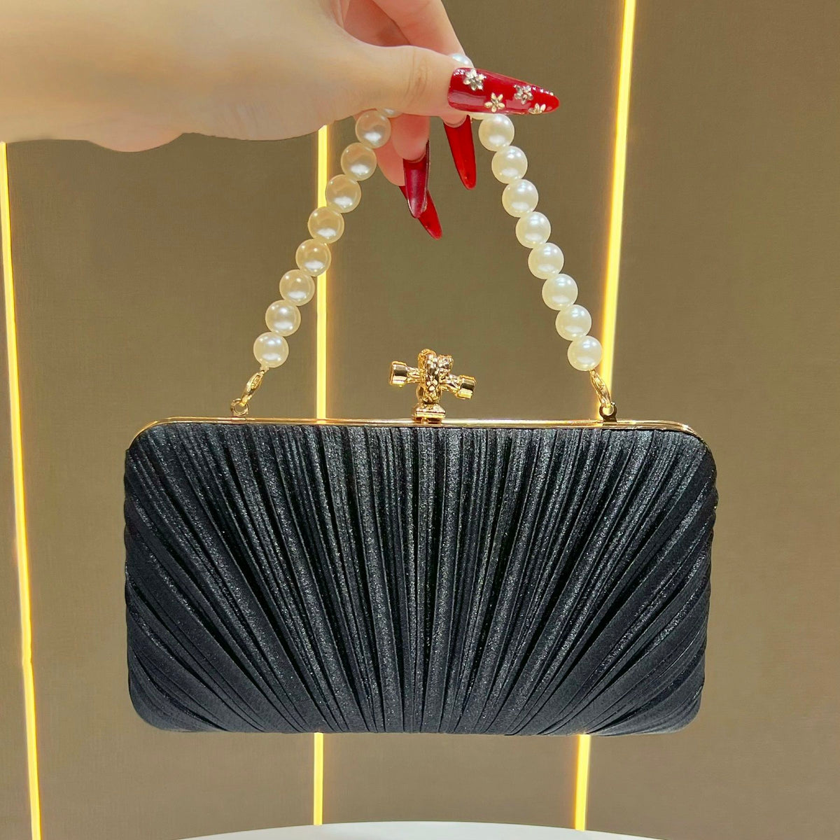 Pleated Satin Teardrop-Accent Evening Bag
