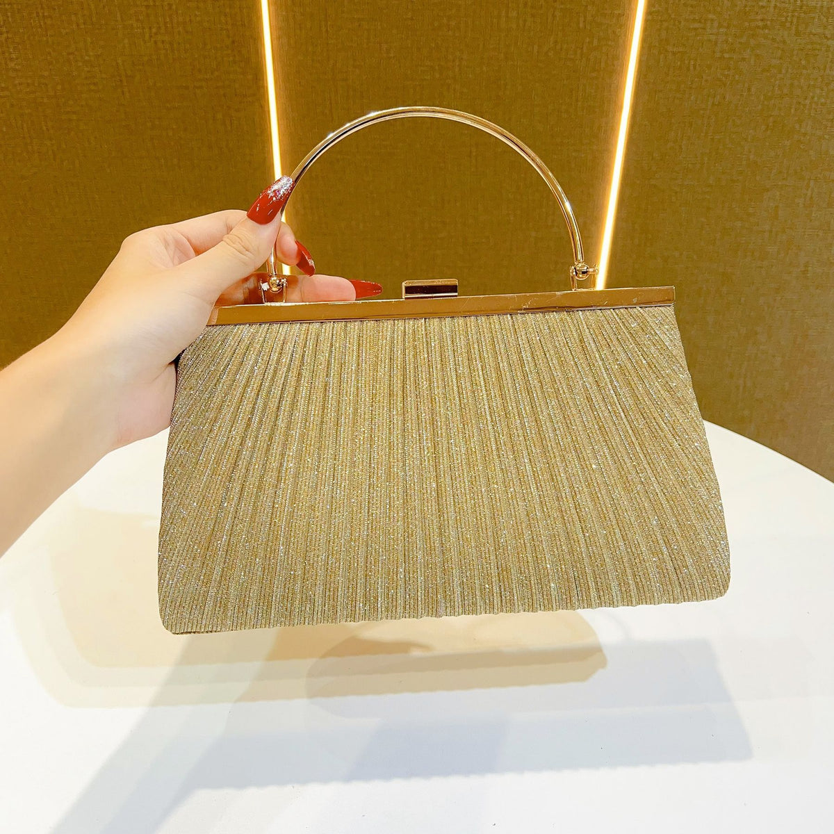 Pleated Half-Moon Handle Evening Bag