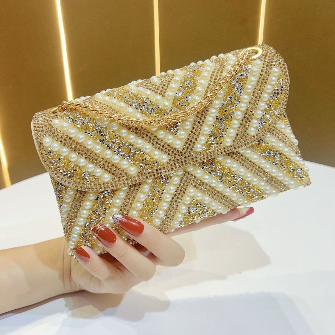 Pearl & Rhinestone Twist-Flap Clutch