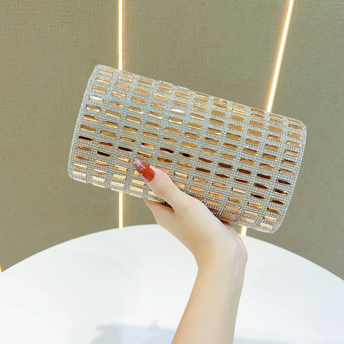 Grid-Pattern Rhinestone Box Clutch