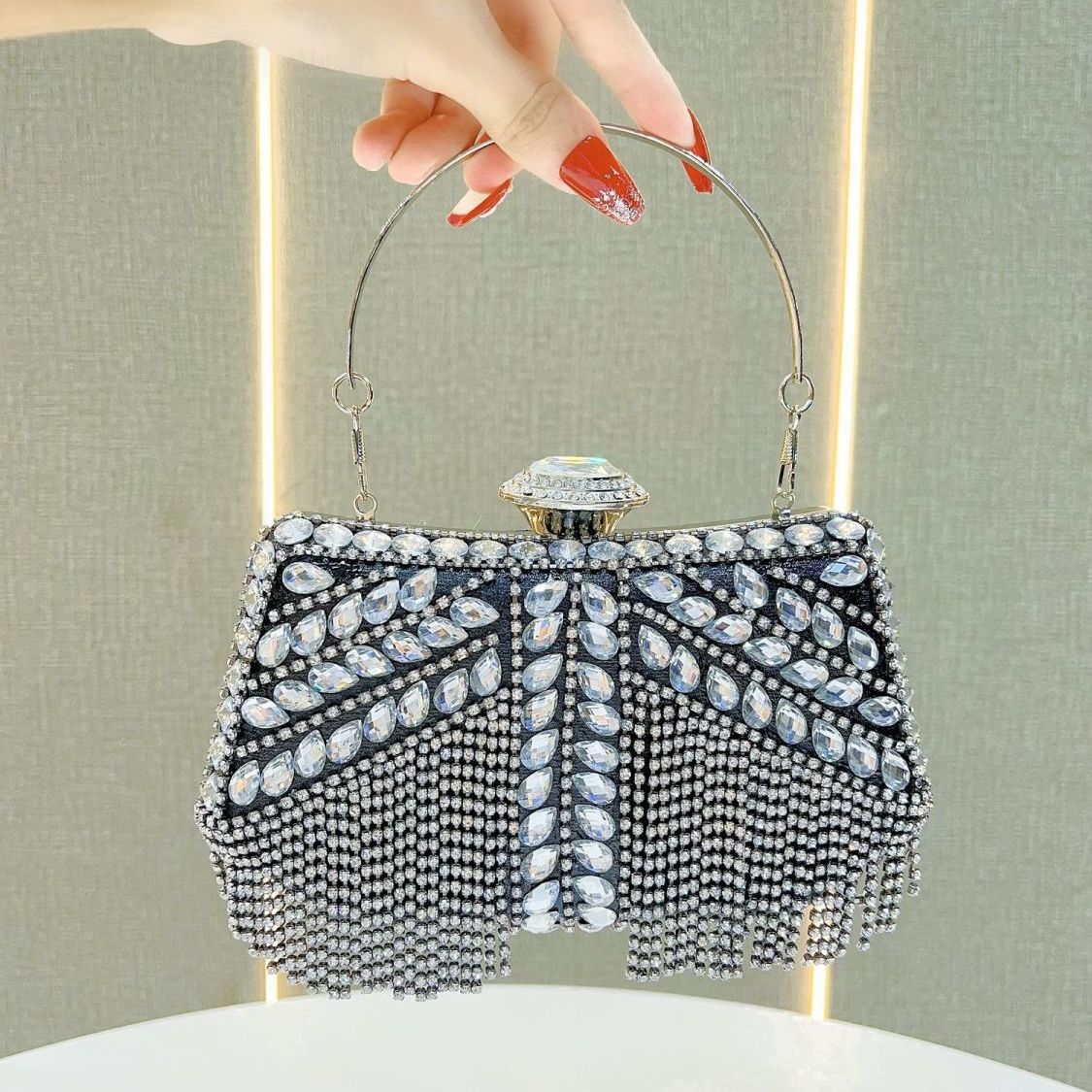 Crystal Tassel Top-Handle Evening Bag