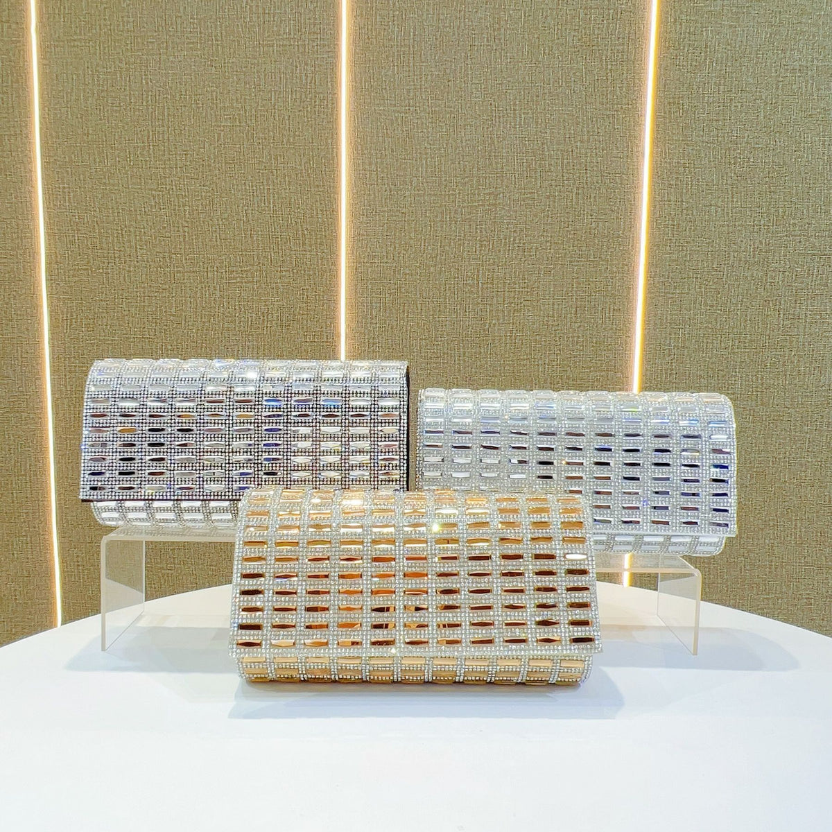Grid-Pattern Rhinestone Box Clutch