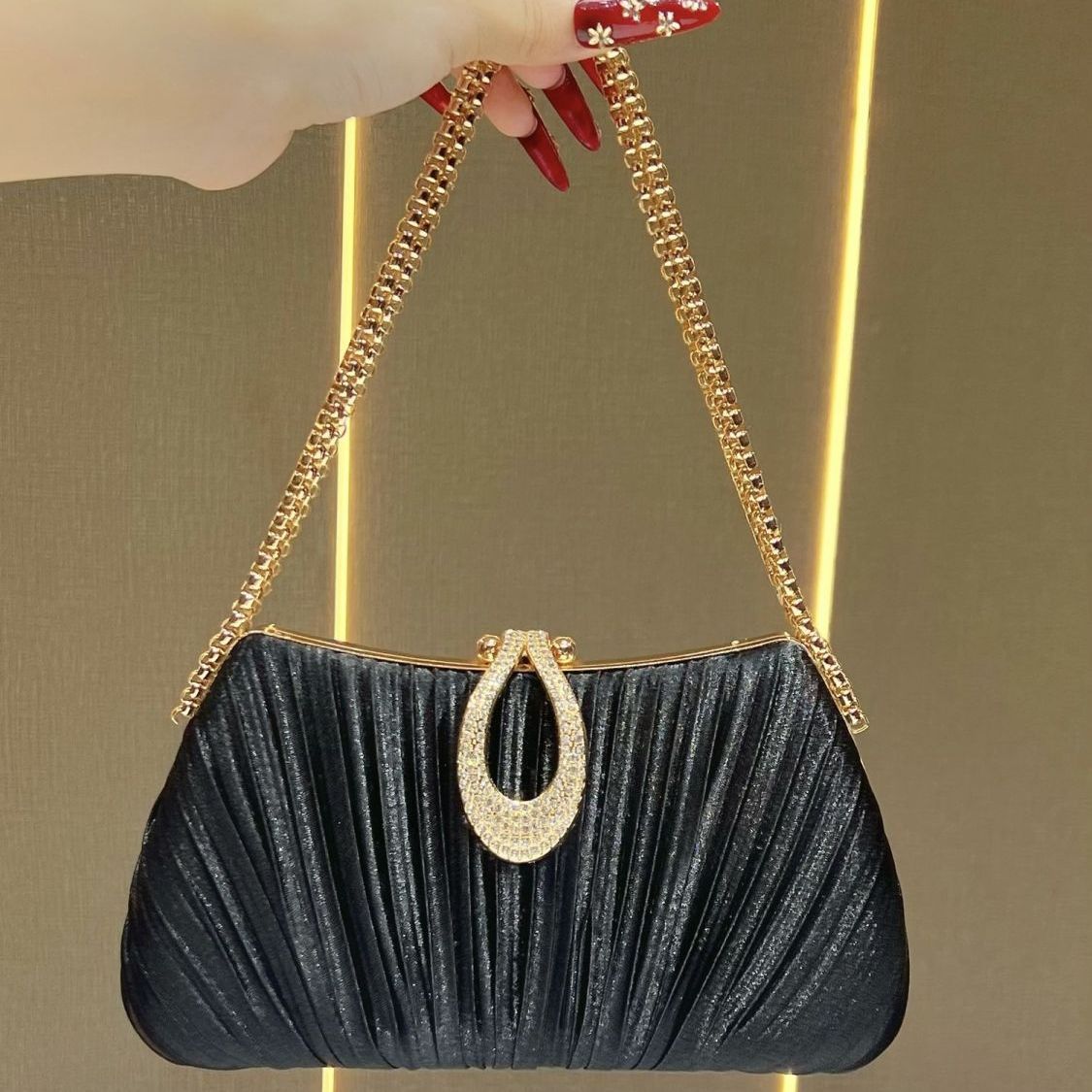Pleated Satin Teardrop-Accent Evening Bag