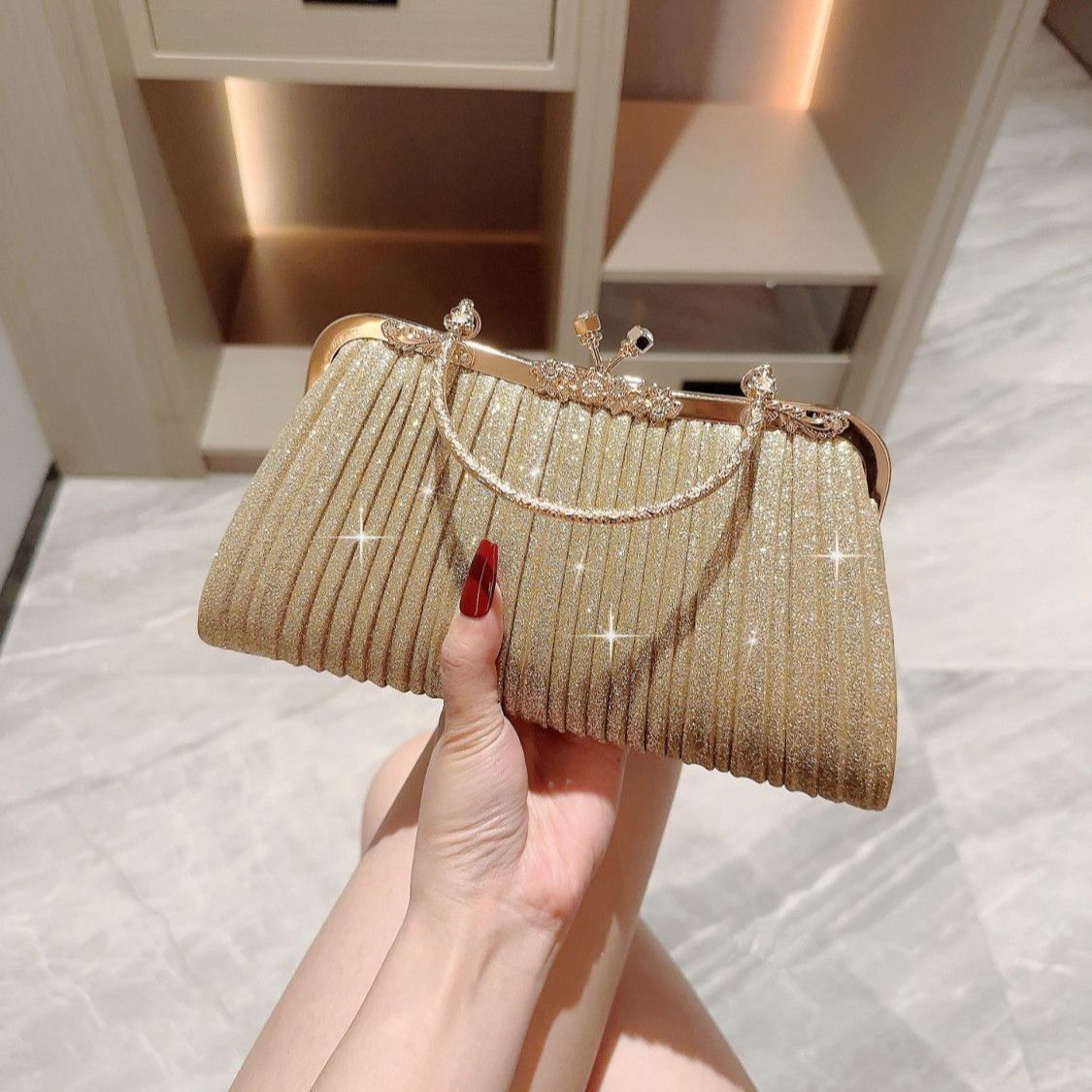 Mini Pleated Rhinestone Top-Handle Bag