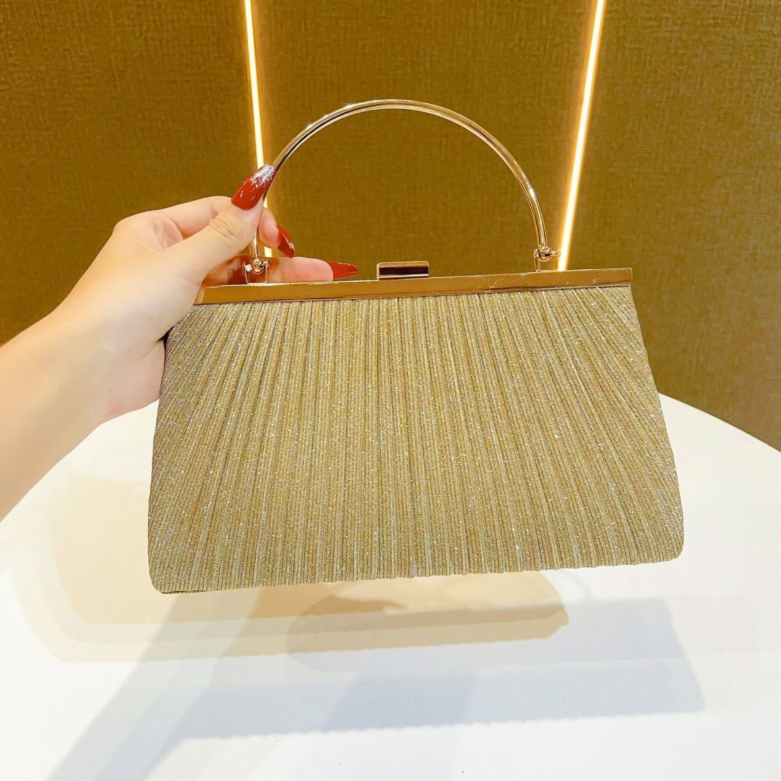 Pleated Half-Moon Handle Evening Bag