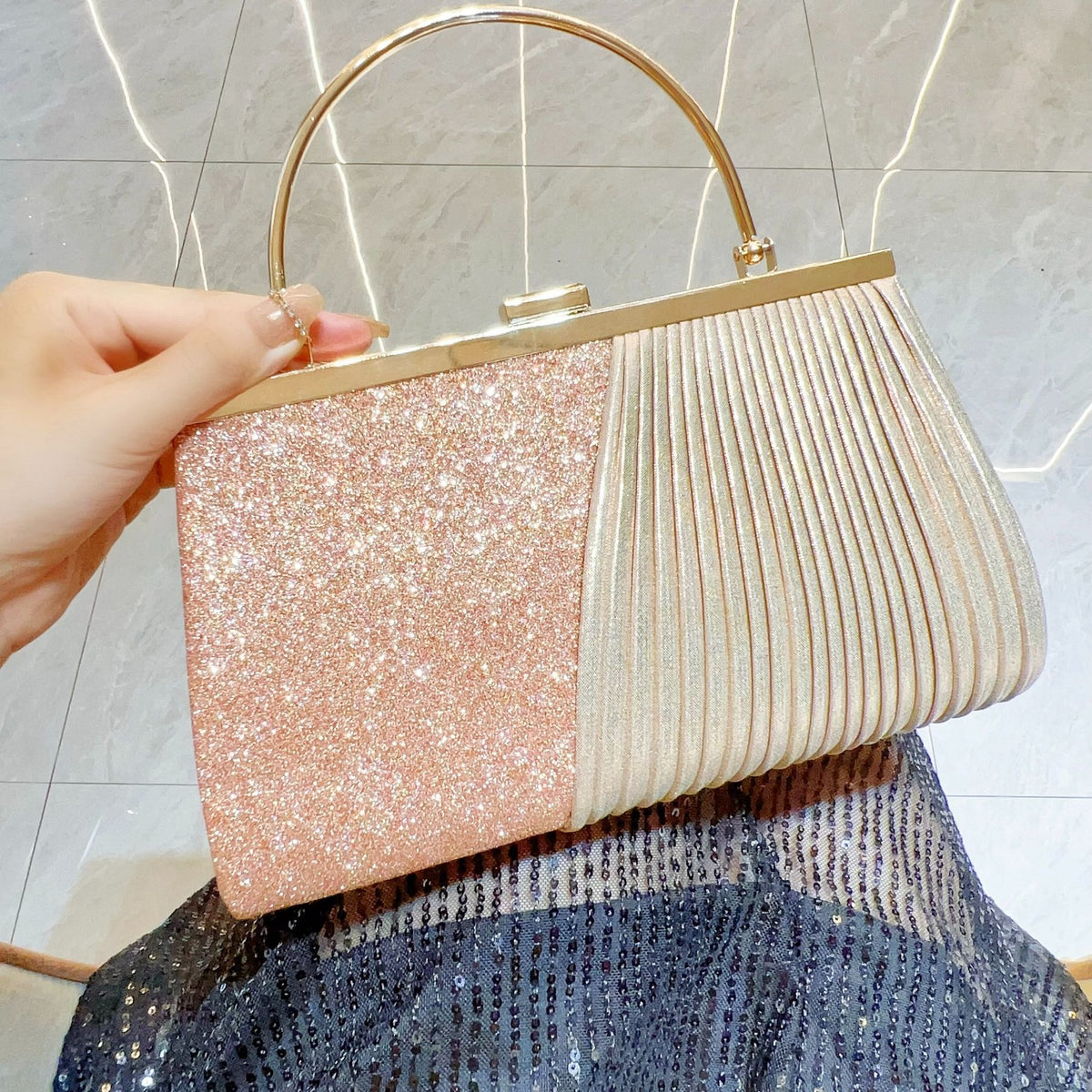 Pleated Metal-Handle Evening Bag
