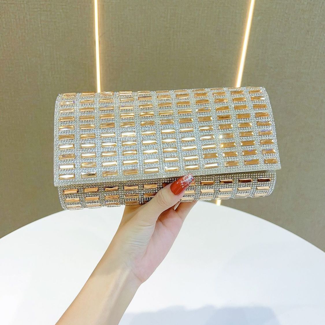 Grid-Pattern Rhinestone Box Clutch