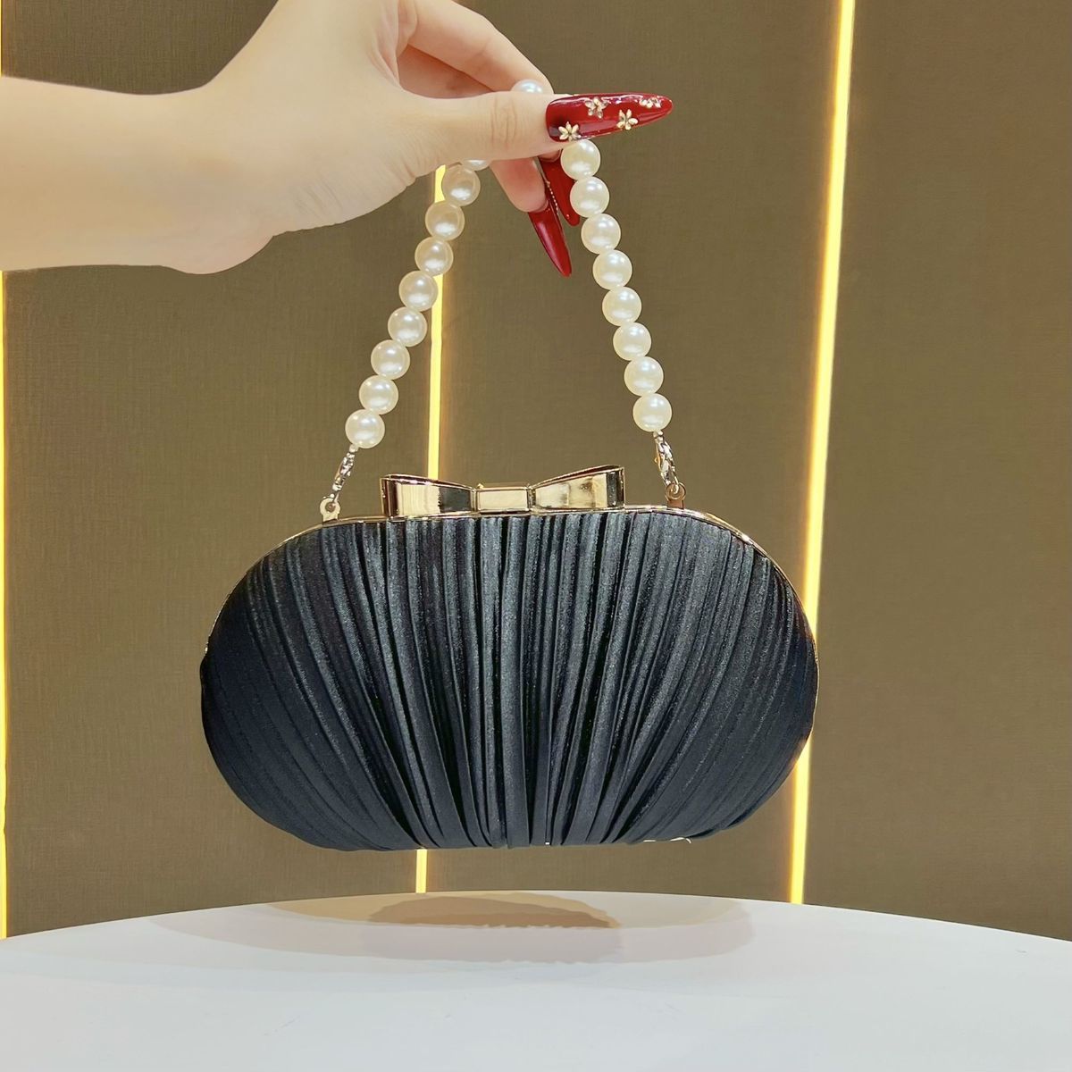 Pleated Satin Teardrop-Accent Evening Bag