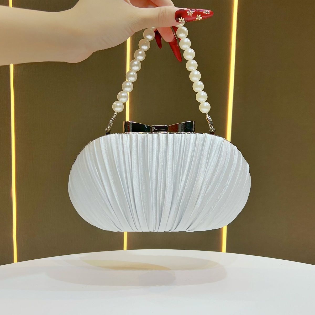 Pleated Satin Teardrop-Accent Evening Bag