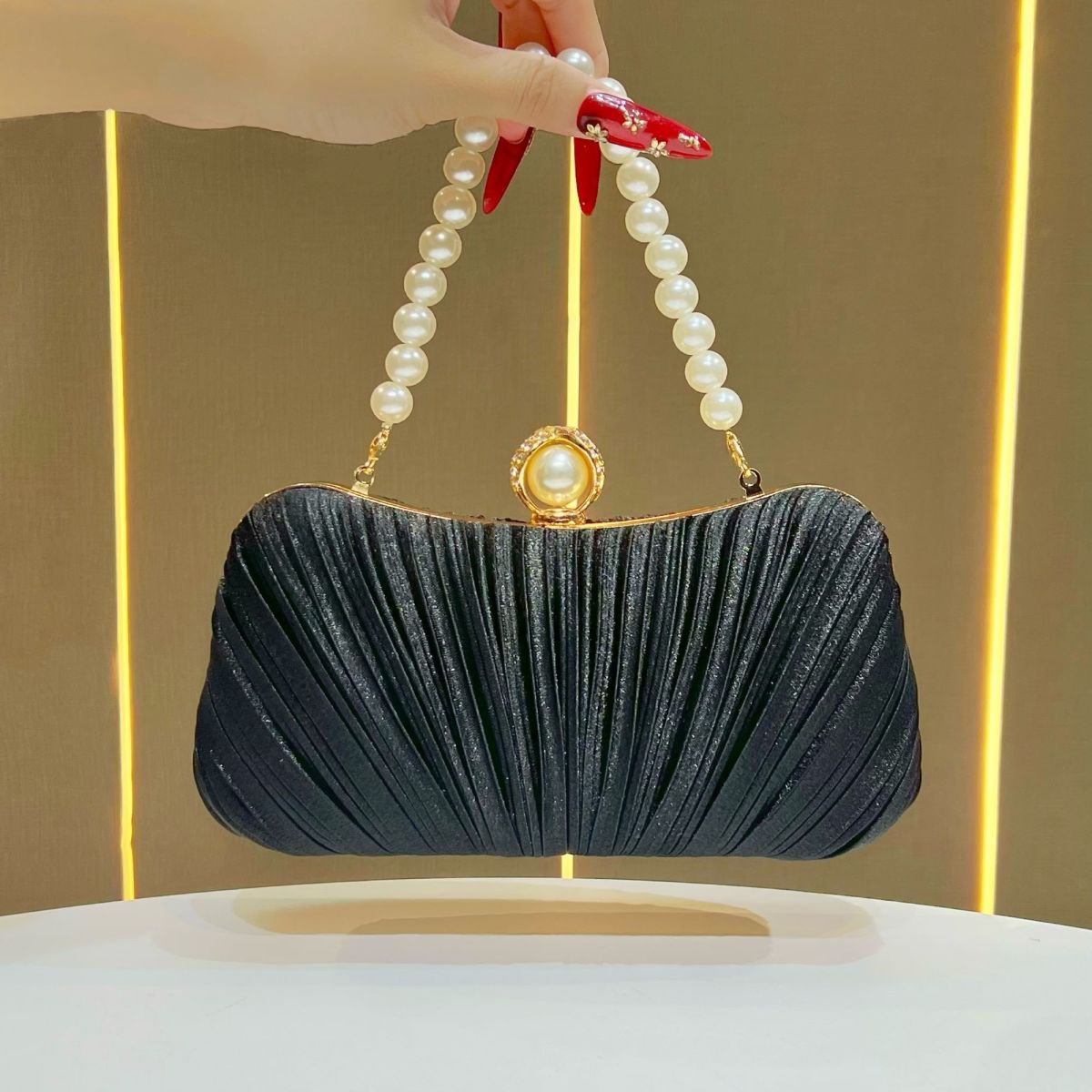 Pleated Satin Teardrop-Accent Evening Bag