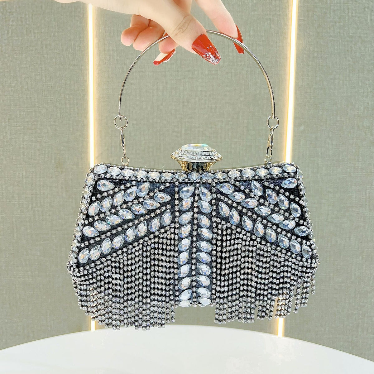 Crystal Tassel Top-Handle Evening Bag