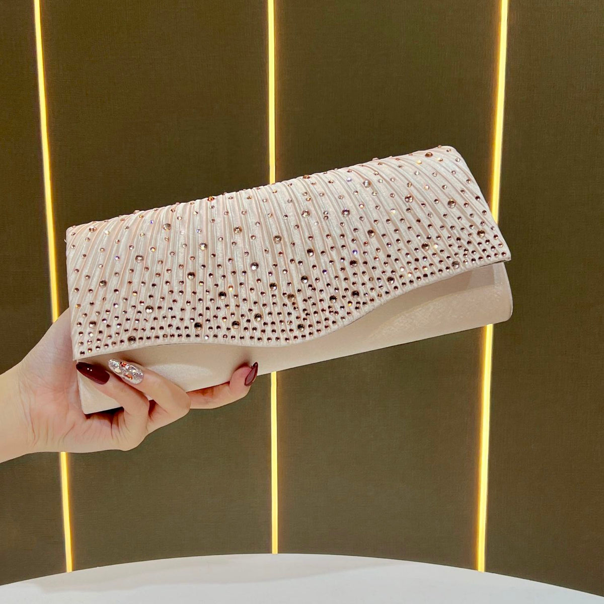 Pleated Glitter Evening Envelope Clutch