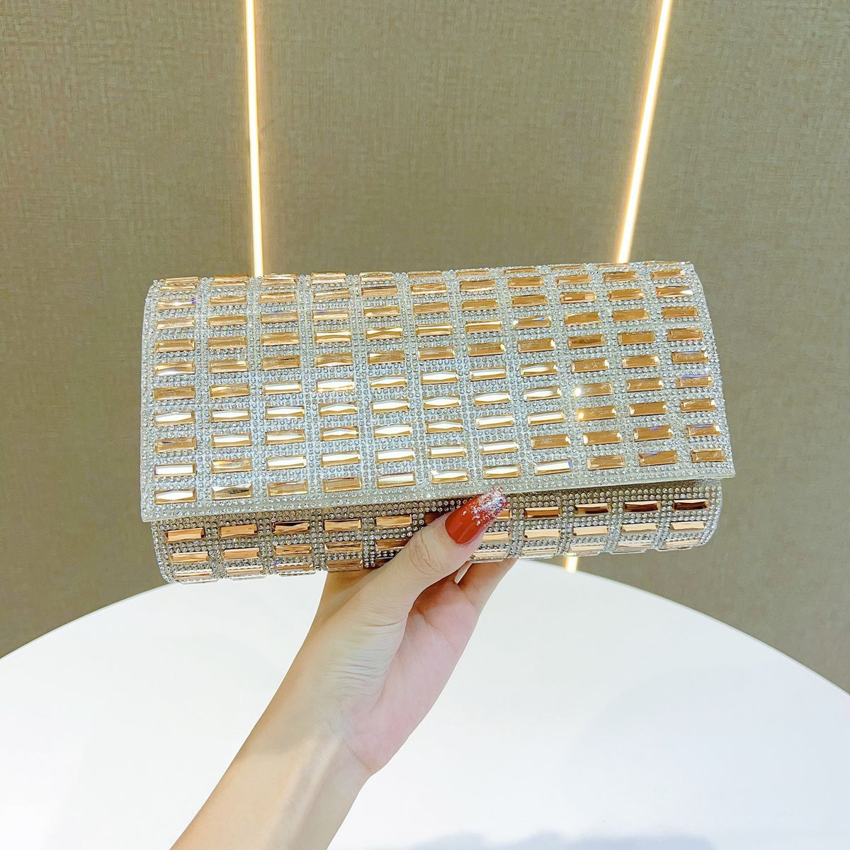 Grid-Pattern Rhinestone Box Clutch