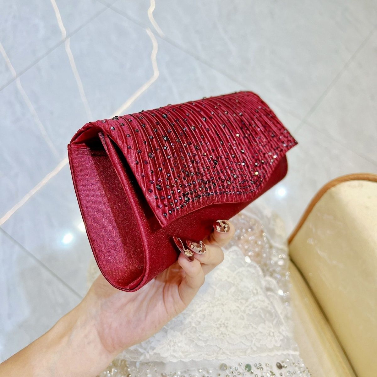 Pleated Glitter Envelope Clutch